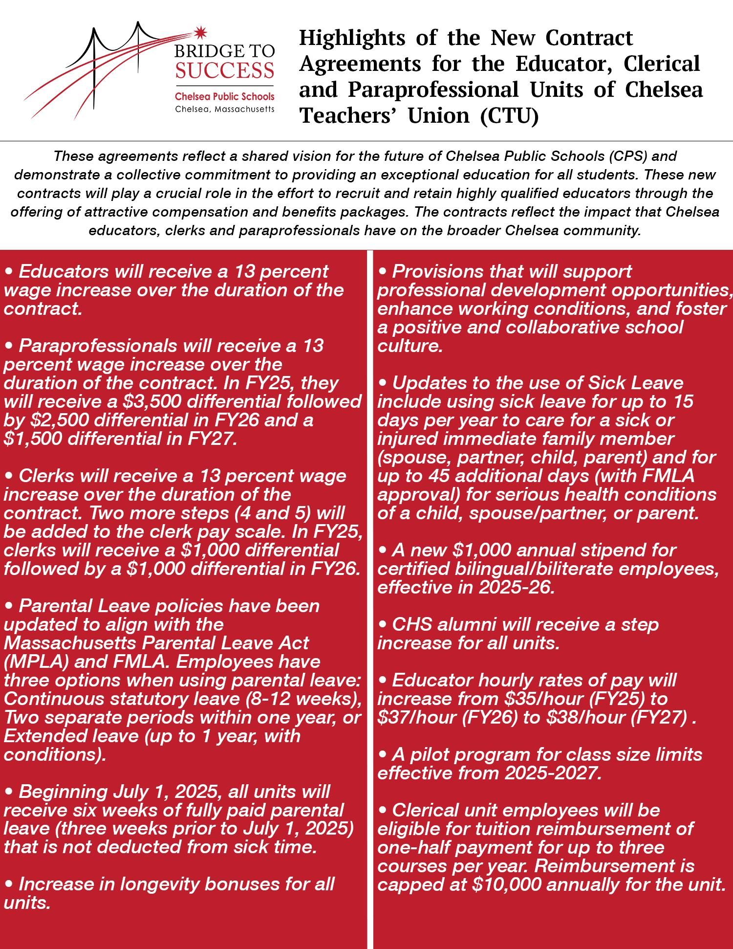 Description of the contract agreement highlights for the FY25-27 contact between Cheslea School Committee and Teachers' Union